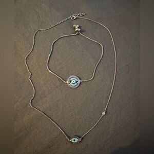 Silver Evil Eye Necklace and Bracelet Set